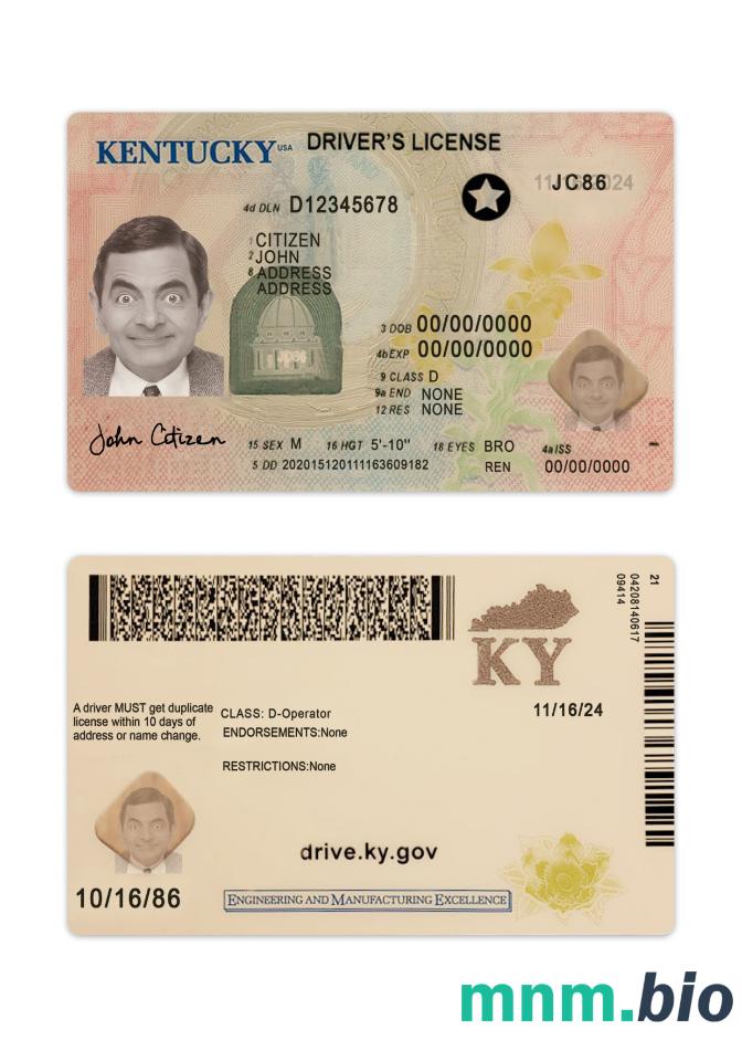 Prawo jazdy USA Kentucky 2020-obecnie ze wszystkimi czcionkami